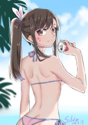 Rule 34 | 1girl, absurdres, artist name, ass, back, bad id, bad pixiv id, bikini, breasts, brown eyes, brown hair, butt crack, can, d.va (overwatch), dated, day, facepaint, facial mark, from behind, hair ornament, highres, long hair, looking at viewer, looking back, outdoors, overwatch, overwatch 1, palm tree, piao qi jiangjun, pouring, rabbit hair ornament, side-tie bikini bottom, sideboob, sidelocks, smile, solo, string bikini, swept bangs, swimsuit, tree, twintails, upper body, whisker markings