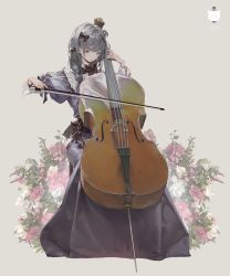 Rule 34 | 1girl, absurdres, artist logo, black bow, bow, bow (music), bowtie, cello, closed mouth, commentary, dated commentary, dress, english commentary, fingernails, flower, full body, grey background, grey dress, grey hair, hair bow, highres, holding, holding bow (music), instrument, juliet sleeves, jung wonjo, long hair, long sleeves, looking at object, looking down, music, original, pink flower, playing instrument, puffy sleeves, signature, simple background, sitting, solo, waist bow, white flower