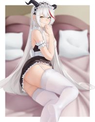 Rule 34 | 1girl, absurdres, aegir (azur lane), aegir (iron blood&#039;s dragon maid) (azur lane), azur lane, bed, bedroom, blurry, breasts, closed mouth, dragon girl, dragon horns, feet out of frame, garter straps, hand on own chin, highres, horns, large breasts, lips, long hair, looking at viewer, lying, maid, maid headdress, multicolored hair, nya cot, official alternate costume, on side, pillow, sideboob, simple background, solo, streaked hair, thighhighs, thighs, white hair, white thighhighs, yellow eyes