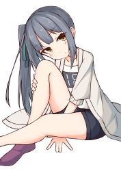 Rule 34 | 1girl, absurdres, between legs, black shorts, blush, brown eyes, brown footwear, collarbone, commentary request, green ribbon, grey hair, grey jacket, hair ribbon, hand between legs, highres, ichi (ichi.colors), jacket, kantai collection, kasumi (kancolle), knee up, long hair, looking at viewer, no shoes, open clothes, open jacket, parted lips, ribbon, shirt, short shorts, shorts, side ponytail, sidelocks, simple background, sitting, socks, solo, very long hair, white background, white shirt