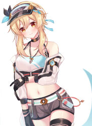Rule 34 | 1girl, black gloves, black shorts, blonde hair, breasts, closed mouth, commentary request, crop top, detached sleeves, flower, genshin impact, gloves, hair between eyes, hair flower, hair ornament, highres, looking at viewer, lumine (genshin impact), medium breasts, midriff, navel, short hair with long locks, shorts, sk 99xx, smile, solo, stomach, visor cap, yellow eyes