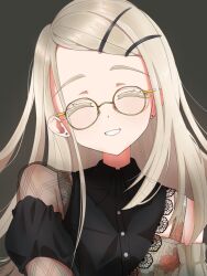 Rule 34 | bespectacled, black background, black dress, closed eyes, collared dress, colored eyelashes, detached sleeves, dress, earrings, gakuen idolmaster, glasses, hair ornament, hairclip, highres, idolmaster, jewelry, light brown hair, long hair, mizuiro 4533, official alternate costume, puffy sleeves, see-through clothes, see-through sleeves, shinosawa hiro, smile, swept bangs