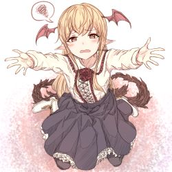 Rule 34 | 10s, 1girl, black pantyhose, black skirt, blonde hair, blush, boots, collarbone, collared shirt, demon tail, dice gt, eyebrows, fangs, flower, frilled shirt collar, frilled skirt, frills, granblue fantasy, hair between eyes, head wings, long hair, long sleeves, looking at viewer, multiple tails, open mouth, outstretched arms, pantyhose, pink eyes, pointy ears, red flower, red rose, red wings, rose, shingeki no bahamut, shirt, simple background, sitting, skirt, solo, speech bubble, spoken squiggle, squiggle, tail, tears, vampire, vampy, wariza, white background, white footwear, wings