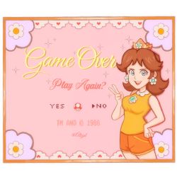 Rule 34 | 1girl, absurdres, blue eyes, breasts, brown hair, crown, earrings, flower earrings, game over, game over screen, gem, grin, hand on own hip, hand up, heart, highres, jewelry, looking at viewer, mario (series), mario tennis, mushroom, nintendo, open mouth, princess daisy, short hair, shorts, sidelocks, smile, smug, solo, standing, super mario bros. 1, super mario land, tomboy, v