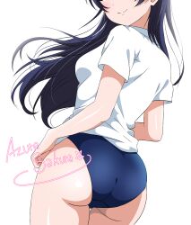 Rule 34 | 1girl, artist name, ass, azuresakura, blue buruma, blue hair, blush, buruma, gym shirt, gym uniform, head out of frame, highres, long hair, love live!, love live! school idol project, shirt, short sleeves, simple background, smile, solo, sonoda umi, white background, white shirt