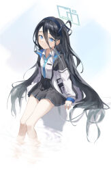 Rule 34 | 1girl, aris (blue archive), arm support, black hair, black skirt, blue archive, blue eyes, blue necktie, collared shirt, commentary request, hair between eyes, hair ornament, hairband, halo, head tilt, highres, in water, jacket, long bangs, long hair, long hair between eyes, long sleeves, looking at viewer, necktie, newnand, one side up, open clothes, open jacket, pleated skirt, school uniform, shirt, sidelocks, simple background, sitting, skirt, smile, solo, white jacket, white shirt