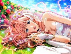 Rule 34 | 1girl, blue eyes, braid, breasts, bridal veil, cleavage, closed mouth, day, dress, flower, hair flower, hair ornament, highres, holding hands, interlocked fingers, jewelry, long hair, looking at viewer, lying, macross, macross frontier, medium breasts, nail polish, necklace, official art, on side, outdoors, pink flower, pink hair, pink lips, pov, red flower, red rose, rose, sheryl nome, shiny skin, sleeveless, sleeveless dress, smile, sparkle, strapless, strapless dress, veil, wedding dress, white dress, wrist cuffs, yellow nails