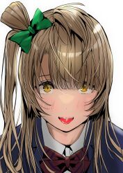Rule 34 | 1girl, absurdres, blue jacket, blunt bangs, blush, bow, bowtie, brown hair, collared shirt, commentary, furrowed brow, green ribbon, hair over one eye, hair ribbon, highres, jacket, long hair, looking at viewer, love live!, love live! school idol project, minami kotori, one side up, open mouth, otonokizaka school uniform, red bow, red bowtie, ribbon, school uniform, shirt, sidelocks, solo, striped bow, striped bowtie, striped clothes, tommer, upper body, white background, white shirt, winter uniform, yellow eyes