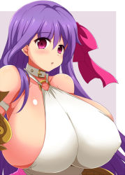 Rule 34 | 10s, 1girl, afuro, armband, belt collar, bow, breasts, collar, collarbone, covered erect nipples, fate/extra, fate/extra ccc, fate/grand order, fate (series), gigantic breasts, hair bow, hair ribbon, long hair, looking at viewer, o-ring, o-ring top, parted lips, passionlip (fate), passionlip (third ascension) (fate), pink eyes, purple hair, ribbon, skindentation, solo, very long hair