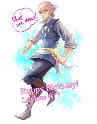 Rule 34 | !, 1boy, ?, bad id, bad pixiv id, boots, brown eyes, dated, fire emblem, fire emblem fates, full body, grey hair, happy birthday, haruhito1211, laslow (fire emblem), male focus, nintendo, simple background, solo, white background