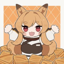 Rule 34 | 1girl, :3, :d, animal ears, arknights, blush stickers, breasts, brown background, brown hair, ceobe (arknights), chibi, dog ears, fang, food, grey background, highres, jacket, long hair, long sleeves, looking at viewer, medium breasts, open mouth, outstretched arms, puffy long sleeves, puffy sleeves, red eyes, short eyebrows, smile, solo, someyaya, thick eyebrows, two-tone background, very long hair, white jacket