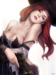 Rule 34 | 1girl, absurdres, bare shoulders, blue eyes, breasts, cleavage, destincelly, gun, hat, highres, large breasts, league of legends, long hair, realistic, red hair, miss fortune (league of legends), smile, solo, weapon