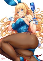 Rule 34 | 1girl, adapted costume, animal ears, artist name, ass, atago (kancolle), back-seamed legwear, blonde hair, blue eyes, blue footwear, blue leotard, blush, breasts, rabbit tail, cup, curvy, detached collar, drinking glass, earrings, fake animal ears, fake tail, hand on own cheek, hand on own face, high heels, highres, hip focus, huge ass, indoors, jewelry, kantai collection, large breasts, legs, leotard, long hair, looking at viewer, lying, nail art, on side, pantyhose, parted lips, playboy bunny, purple background, sakiyamama, seamed legwear, sideboob, signature, simple background, smile, solo, sparkle, star (symbol), star earrings, tail, thick thighs, thighs, toasting (gesture), white background, wide hips, wine glass, wrist cuffs