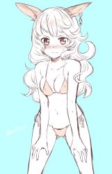 Rule 34 | 10s, 1girl, animal ears, bare arms, bare legs, bare shoulders, bikini, blue background, blush, breasts, closed mouth, collarbone, earrings, covered erect nipples, erune, female focus, ferry (granblue fantasy), fox ears, gluteal fold, granblue fantasy, hands on thighs, jewelry, leaning forward, limited palette, long hair, looking at viewer, medium breasts, monochrome, navel, nose blush, ribbon, sakura hanatsumi, side-tie bikini bottom, simple background, solo, stomach, sweatdrop, swimsuit