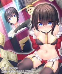 Rule 34 | 1girl, 2boys, arms behind back, auction, banknote, before and after, bikini, black thighhighs, blue eyes, blush, collar, dollar bill, facial hair, frilled bikini, frills, garter straps, genderswap, genderswap (mtf), gloves, gold trim, hat, hoshina meito, lip biting, money, multiple boys, mustache, navel, old, old man, original, second-party source, sitting, slave, slave auction, swimsuit, thighhighs, top hat, wariza