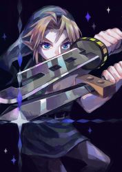 Rule 34 | 1boy, bad id, bad twitter id, black background, blonde hair, blue eyes, dual wielding, eyelashes, hat, holding, holding sword, holding weapon, leggings, legs apart, link, male focus, nintendo, pointy ears, simple background, solo, sparkle, standing, sword, the legend of zelda, tunic, weapon, white leggings