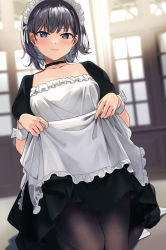 Rule 34 | 1girl, apron, apron lift, bad id, bad twitter id, black hair, black pantyhose, blue eyes, blush, bob cut, breasts, character request, closed mouth, clothes lift, copyright request, dress, dress lift, highres, indoors, kneeling, konbu wakame, looking at viewer, maid, maid apron, maid headdress, medium breasts, pantyhose, short hair, smile, solo, tights day