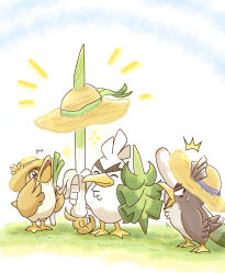 Rule 34 | bird, closed eyes, closed mouth, commentary request, creatures (company), evolutionary line, farfetch&#039;d, flower, flying sweatdrops, galarian farfetch&#039;d, galarian form, game freak, gen 1 pokemon, gen 8 pokemon, grass, hat, hat flower, unworn hat, clothed pokemon, unworn headwear, highres, holding, looking up, nintendo, no humans, pokemon, pokemon (creature), shuri (syurigame), sirfetch&#039;d, smile, sparkle, standing