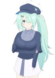 Rule 34 | 1girl, absurdres, aqua eyes, aqua hair, black hat, blue archive, blue eyes, blue hat, blue shirt, cabbie hat, closed mouth, frown, hat, hat ornament, highres, hiyori (blue archive), long hair, looking at viewer, sad, shirt, side ponytail, solo, star (symbol), star hat ornament, upper body, user fkac4828