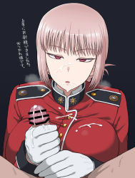 Rule 34 | 1boy, 1girl, bar censor, black background, braid, breasts, censored, cum, emotionless sex, facial, fate/grand order, fate (series), florence nightingale (fate), gloved handjob, gloves, handjob, hetero, highres, jacket, large breasts, long sleeves, looking at viewer, noumiso, parted lips, penis, pink hair, pov, pov crotch, red eyes, red jacket, simple background, translated, two-handed handjob, white gloves