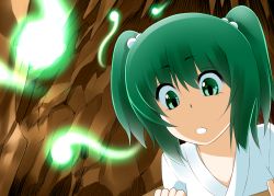 Rule 34 | 1girl, bad id, bad pixiv id, cave, female focus, green eyes, green hair, hair bobbles, hair ornament, hitodama, kisume, looking down, matching hair/eyes, mattari yufi, open mouth, solo, staring, touhou, twintails