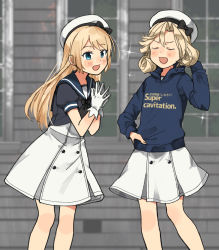 Rule 34 | 2girls, annin musou, bad id, bad twitter id, black sailor collar, blonde hair, blue eyes, blue shirt, blush, closed eyes, clothes writing, dress, feet out of frame, gloves, hair between eyes, hat, janus (kancolle), jervis (kancolle), kantai collection, long hair, long sleeves, multiple girls, open mouth, sailor collar, sailor dress, sailor hat, shirt, short hair, short sleeves, smile, sparkle, white dress, white gloves, white headwear