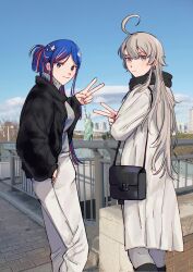 Rule 34 | 2girls, ahoge, alternate costume, alternate hairstyle, black jacket, blue hair, blue sky, cloud, coat, day, feet out of frame, folded ponytail, from behind, grey eyes, grey hair, grey sweater, hand in pocket, highres, jacket, kantai collection, long hair, looking at viewer, multicolored hair, multiple girls, nidou, outdoors, pants, pantyhose, railing, red hair, sky, south dakota (kancolle), star (symbol), sweater, v, washington (kancolle), white coat, white hair, white pants, white pantyhose
