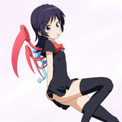 Rule 34 | 1girl, :p, ass, asymmetrical wings, black hair, black thighhighs, blush, bow, bowtie, cato (monocatienus), clothes lift, dress, flat chest, houjuu nue, legs, looking at viewer, no panties, purple eyes, short dress, skirt, skirt lift, smile, solo, thighhighs, tongue, tongue out, touhou, wings