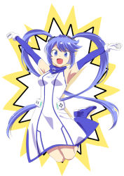 Rule 34 | 1girl, :d, armpits, blue eyes, blue footwear, blue hair, boots, breasts, dress, elbow gloves, gloves, hands up, inside-chan mk.ii, inside-games (media), ishii hisao, jumping, long hair, looking at viewer, medium breasts, open mouth, smile, solo, twintails, very long hair, virtual youtuber, white dress