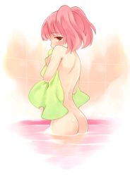 Rule 34 | 1girl, ass, bath, blush, from behind, kurasuke, nude, original, pink eyes, pink hair, short hair, solo, towel, twintails