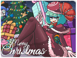 Rule 34 | 1girl, :d, blunt bangs, box, brown footwear, candy, candy cane, capelet, christmas tree, commentary, dress, english commentary, food, front ponytail, full body, fur trim, gift, gift box, green eyes, green hair, hair ribbon, holly, kagiyama hina, kawashiro nitori, kevin arthur, knees up, merry christmas, open mouth, pantyhose, pyonta, red capelet, red dress, red ribbon, ribbon, santa costume, sitting, smile, solo, touhou