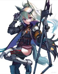 Rule 34 | 1girl, animal ears, arknights, armband, armor, artist name, black choker, black jacket, black pants, chaps, choker, commentary, gloves, grani (arknights), green hair, hand up, highres, holding, holding weapon, horse ears, horse tail, jacket, long hair, long sleeves, looking at viewer, pants, ponytail, purple eyes, red shirt, shirt, shoes, shoulder armor, simple background, smile, solo, standing, standing on one leg, tail, ukimesato, weapon, white background