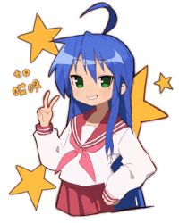 Rule 34 | 1girl, :3, ahoge, blue hair, cropped legs, dot nose, double horizontal stripe, green eyes, grin, hair between eyes, hand on own hip, hand up, izumi konata, light blush, long hair, long sleeves, looking at viewer, lucky star, mole, mole under eye, neckerchief, open mouth, pink neckerchief, pleated skirt, red sailor collar, red skirt, ryouou school uniform, sailor collar, school uniform, shirt, short eyebrows, simple background, single sidelock, skirt, smile, solo, standing, star (symbol), straight hair, tsurime, v, very long hair, white background, white shirt, wuju (1198979953)