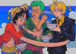 Rule 34 | 3boys, abs, absurdres, black hair, black suit, blonde hair, blue eyes, blue sky, border, bowl, chewing, cloud, collared shirt, commentary, curly eyebrows, eating, egg, english commentary, food, formal, green hair, hat, highres, letterboxed, male focus, monkey d. luffy, multiple boys, navel, noodles, one piece, parted bangs, parted lips, pectoral cleavage, pectorals, ramen, roronoa zoro, sainttufa, sanji (one piece), scar, scar across eye, shirt, short hair, sky, sparkle, straw hat, suit, teeth, upper body, v-shaped eyebrows, white border, yellow shirt