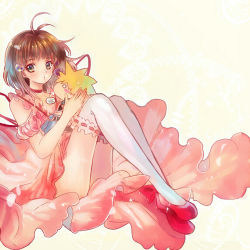 Rule 34 | 1girl, ahoge, brown eyes, brown hair, character doll, choker, dress, frills, full body, kyle dunamis, nadir, pink dress, reala (tales), shoes, short hair, tales of (series), tales of destiny 2, thighhighs, white background, white thighhighs