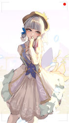 Rule 34 | 1girl, absurdres, ayaka (genshin impact), back bow, blue bow, blue eyes, blue hair, blunt bangs, bow, braid, brown hat, butterfly hair ornament, commentary request, dress, facing viewer, flower, genshin impact, hair flower, hair ornament, hair up, hand up, hat, hat flower, highres, hzulip, kamisato ayaka, kamisato ayaka (springbloom missive), light blue hair, light blush, long sleeves, mole, mole under eye, official alternate costume, smile, solo, viewfinder, white dress