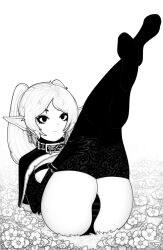 Rule 34 | 1girl, ass, black capelet, black gloves, black panties, black thighhighs, blank eyes, capelet, closed mouth, collar, elf, feet, field, flower, flower field, frieren, gloves, greyscale, hand on own thigh, highres, lace, lace-trimmed thighhighs, lace gloves, legs up, long hair, ltstry, lying, monochrome, on back, panties, pointy ears, signature, solo, sousou no frieren, striped clothes, striped panties, thighhighs, thighs, twintails, underwear