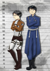 Rule 34 | 2boys, black hair, ascot, crossed arms, crossover, frown, fullmetal alchemist, glaring, height chart, levi (shingeki no kyojin), looking at another, military, military uniform, multiple boys, roy mustang, serious, shingeki no kyojin, short hair, smile, uniform, wink