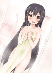 Rule 34 | 1girl, alternate hairstyle, bathroom, black hair, blush, brown eyes, completely nude, covering privates, dutch angle, embarrassed, errant, hair down, k-on!, long hair, nakano azusa, nude, nude cover, open mouth, round teeth, shower head, solo, teeth, towel, very long hair, wavy mouth, wet