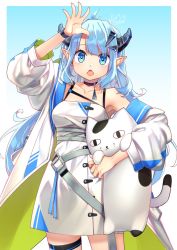 Rule 34 | 1girl, animal, blue eyes, blue hair, bracelet, cat, choker, chromatic aberration, detached sleeves, dress, fang, female focus, hair ornament, hairclip, highres, horns, jewelry, long hair, mitake eil, open mouth, original, pendant, pointy ears, skin fang, solo, thigh strap