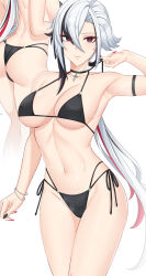 Rule 34 | 1girl, absurdres, arlecchino (genshin impact), arm strap, armpits, ass, asymmetrical hair, bikini, black bikini, black choker, black eyes, black hair, black nails, bracelet, breasts, choker, closed mouth, collarbone, expressionless, genshin impact, highres, jewelry, large breasts, long hair, looking at viewer, low ponytail, mole, mole on breast, multicolored hair, multiple views, navel, noise paper, red hair, red nails, red pupils, side-tie bikini bottom, simple background, stomach, streaked hair, swimsuit, symbol-shaped pupils, two-tone hair, very long hair, white background, white hair, x-shaped pupils