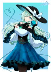 Rule 34 | 1girl, absurdres, alternate color, alternate hair length, alternate hairstyle, black hat, bow, breasts, commentary, commission, dated, english commentary, frilled skirt, frilled sleeves, frills, green eyes, hair ornament, hair over one eye, hat, hat bow, heart, heart hair ornament, heart of string, highres, komeiji koishi, large breasts, long hair, long sleeves, looking at viewer, parted lips, signature, skirt, smile, solo, third eye, touhou, white bow, xen0moonz