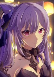 absurdres cone_hair_bun diamond-shaped_pupils diamond_(shape) genshin_impact hair_bun hair_ears highres keqing_(genshin_impact) keqing_(lantern_rite)_(genshin_impact) off-shoulder_sweater off_shoulder purple_eyes purple_hair purple_sweater sweater symbol-shaped_pupils twintails watatai