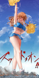 Rule 34 | attack, blue shirt, blue skirt, breasts, brown eyes, cheerleader, city, cityscape, cloud, copyright request, crushing, destruction, fire, giant, giantess, highres, large breasts, midriff, one eye closed, open mouth, orange hair, rakia (ds00309), shirt, shoes, skirt, smile, smoke, stomping, underboob, yellow pom poms
