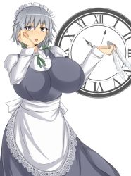 Rule 34 | 1girl, braid, breasts, clock, female focus, grey eyes, huge breasts, izayoi sakuya, knife, maid, maid headdress, musuka (muska), open mouth, short hair, silver hair, simple background, solo, standing, touhou, weapon, white background