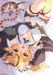 Rule 34 | 1girl, :o, absurdres, animal, animal ears, apron, armpits, bare shoulders, bed sheet, black jacket, black shirt, black skirt, blonde hair, bow, breasts, breasts apart, cat, cat ears, cat girl, cat tail, crop top, fang, frilled shirt, frills, hair bow, highres, jacket, large breasts, long hair, long sleeves, looking at viewer, lying, maid, maid apron, maid headdress, microskirt, midriff, multicolored hair, natsuki marina, navel, off shoulder, on back, open clothes, open jacket, open mouth, original, revealing clothes, shirt, skirt, sleeveless, sleeveless shirt, slit pupils, solo, stomach, streaked hair, tail, thigh strap, thighs, twintails, upside-down, waist apron, wing collar, yellow eyes
