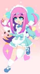 Rule 34 | 1girl, blue dress, blue eyes, blue footwear, blue nails, bow, candy, chocolate, chocolate heart, coffee, detached wings, dithered background, dithering, dress, food, hair ornament, hairclip, heart, maid, minimilieu, original, pink hair, pixel art, solo, sparkle, thick eyebrows, thighhighs, white thighhighs, wings