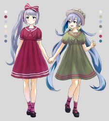 Rule 34 | 2girls, :d, alternate costume, black footwear, blue hair, blush, bow, brown eyes, commentary request, dress, green dress, grey background, grey eyes, grey hair, hair between eyes, hair bow, holding hands, hat, highres, kantai collection, karashi (tou gara shi), kasumi (kancolle), kiyoshimo (kancolle), long hair, looking at viewer, low twintails, mary janes, multicolored hair, multiple girls, open mouth, pink bow, pink dress, purple legwear, red dress, sailor dress, shoes, short sleeves, side ponytail, simple background, smile, socks, twintails, very long hair