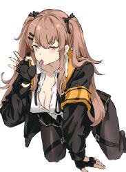 Rule 34 | 1girl, black pantyhose, breasts, brown hair, cleavage, fellatio gesture, girls&#039; frontline, highres, jacket, long hair, looking at viewer, medium breasts, mutugorou u, open clothes, open mouth, pantyhose, pleated skirt, scar, scar on face, shirt, skirt, solo, twintails, ump9 (girls&#039; frontline), white shirt
