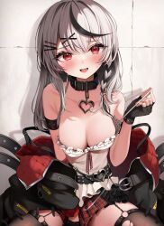 Rule 34 | 1girl, :d, bare shoulders, between legs, black collar, black gloves, black hair, black jacket, blush, braid, breasts, cleavage, collar, fang, gloves, grey hair, hair ornament, hairclip, hand between legs, heart collar, highres, hololive, jacket, long hair, looking at viewer, medium breasts, miniskirt, multicolored hair, namagome negi, open mouth, plaid, plaid skirt, pleated skirt, red eyes, sakamata chloe, shirt, skirt, smile, solo, strap pull, streaked hair, tagme, thighhighs, torn clothes, torn thighhighs, virtual youtuber, white shirt, x hair ornament